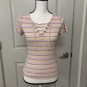 Arizona Jean Co colorful striped lace up v-neck tee size M